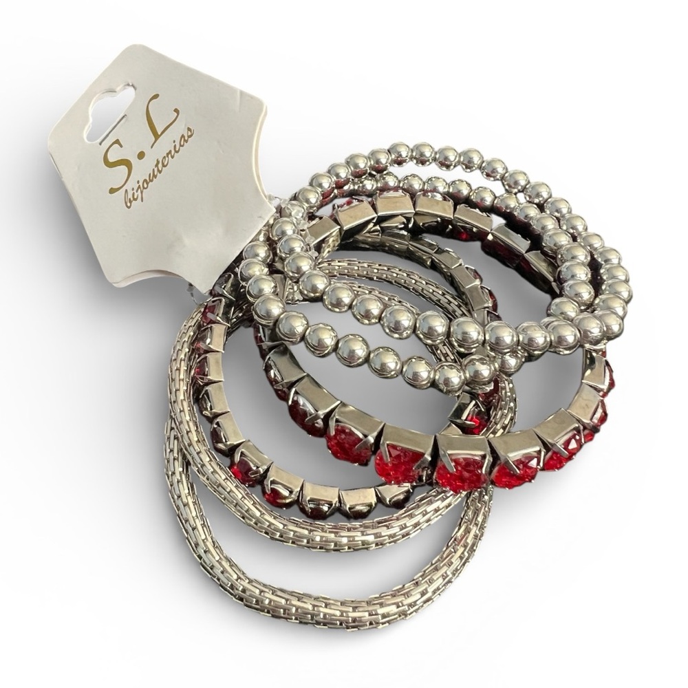 Silver and Red Women’s Stretchy Bangle Set (6) NWT